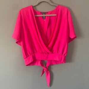 Flirty Feminine Vibrant Pink Wrap Tie Blouse Festival Summer Ready Barbie Chic